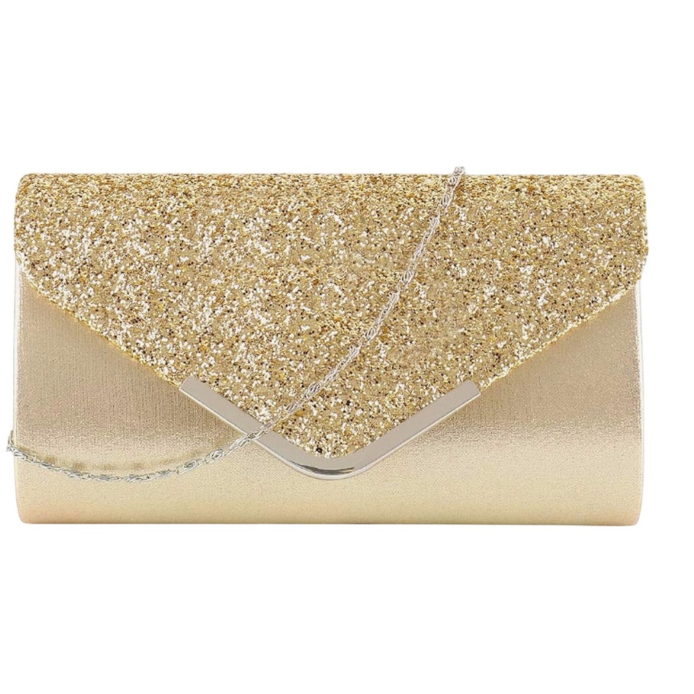 Gold Glitter Metallic Envelope‎ Clutch Purse Evening Bag with Chain Strap